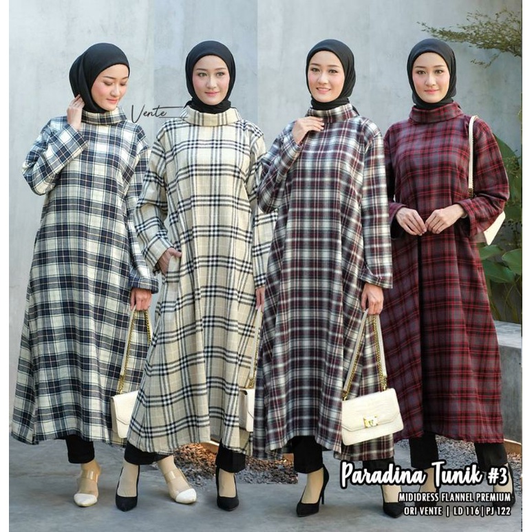 Paradina tunik 3 bahan mididres flanel premium / Ld 116 cm Pj 122 cm / good quality