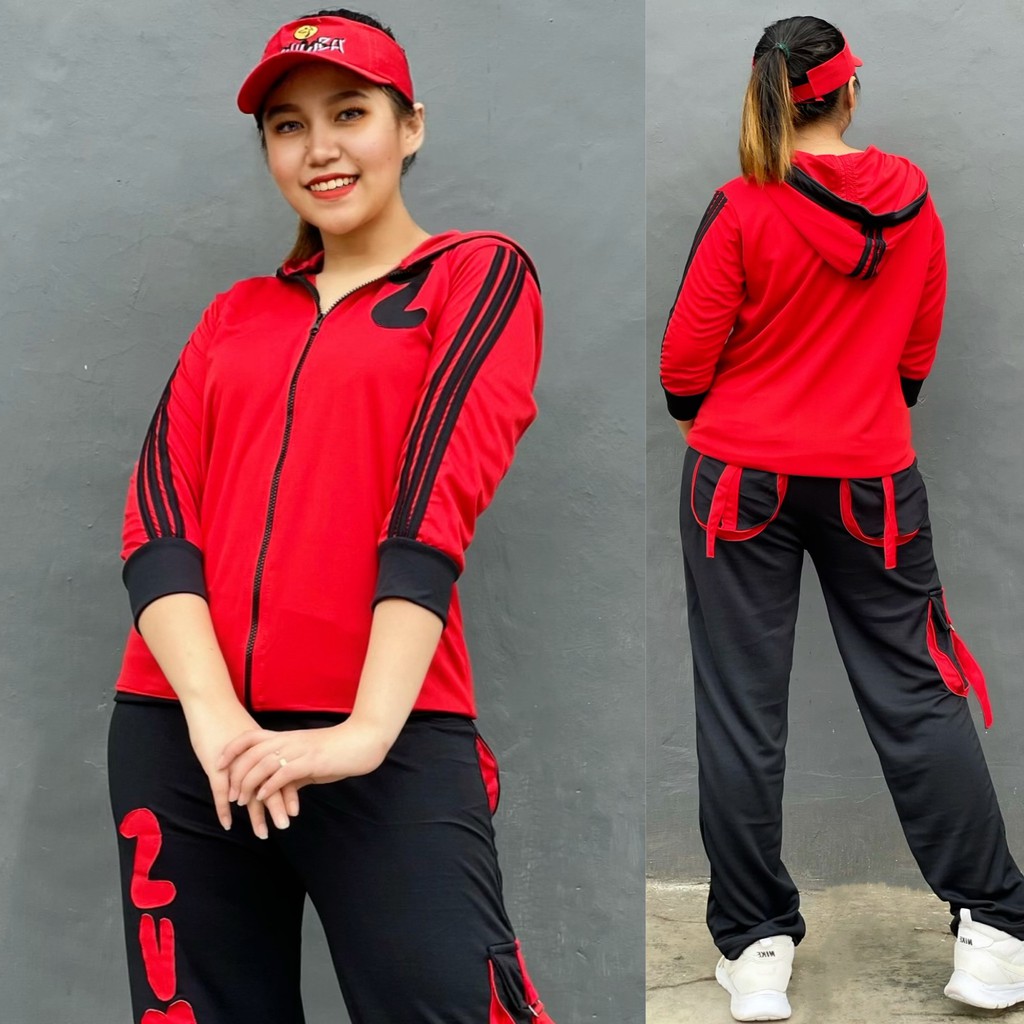 Baju Senam Aerobic Zumba Gym Fitness Olahraga Outdoor Panjang Muslim Z Merah Hitam