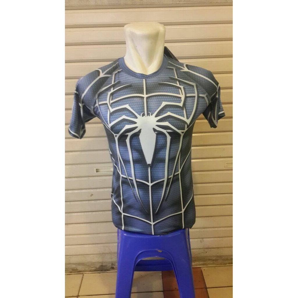 Pakaian kaos gaul  kaos baju spiderman manset blue baselayer superhero gym fitnes lari ash shop