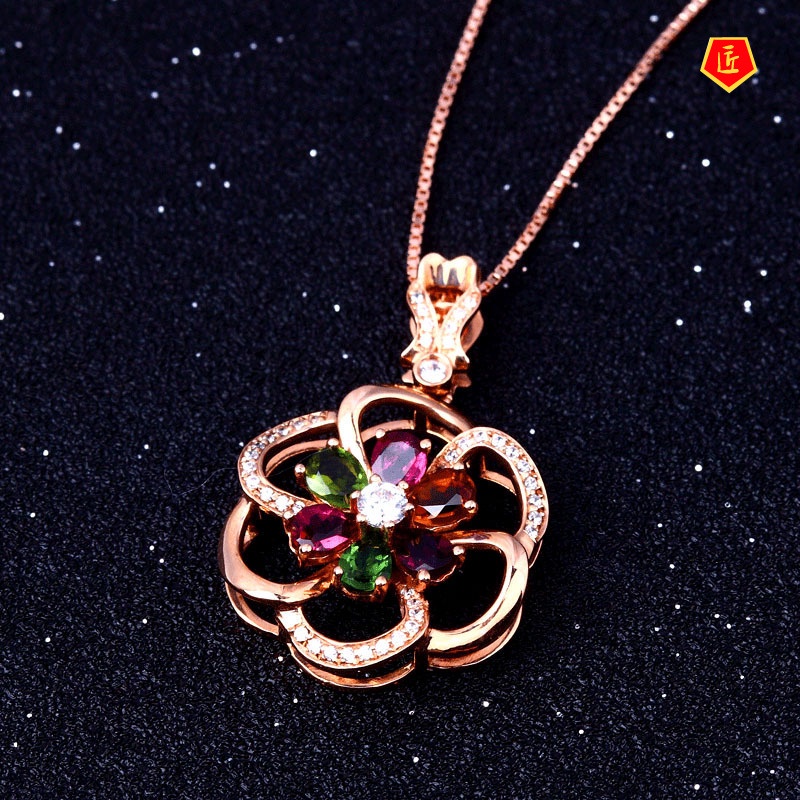 [Ready Stock]Flower Pendant Inlaid Jewel 18K Rose Gold Necklace Fashionable and Elegant