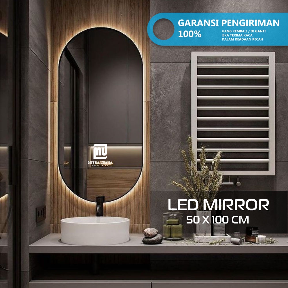 Pigura Besi LED oval 50 x100 - Cermin LED Besi dinding - cermin oval dekorasi - Oval mirror - Iron M