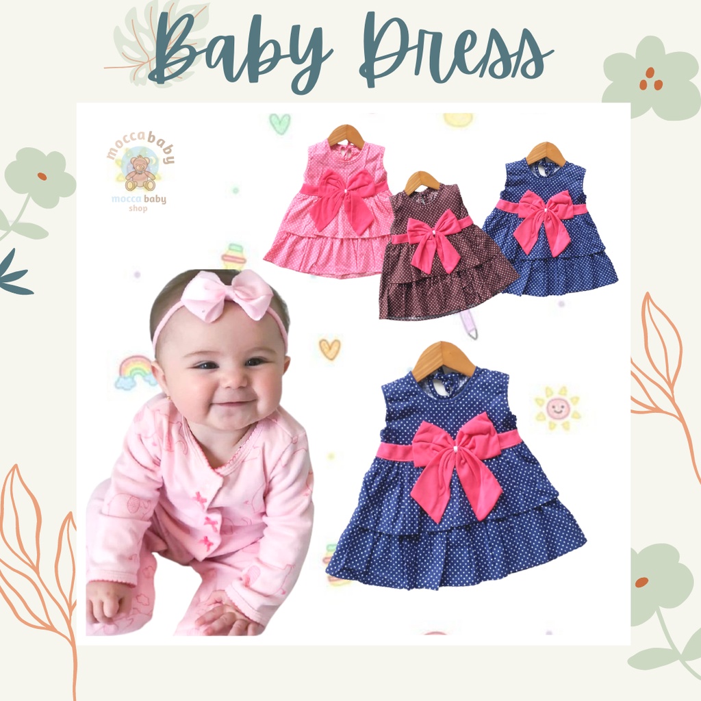 MBSS - QIU2 RIBBON DOTS Dress Baju Bayi Perempuan Motif Pita (0-6 bulan) Baju Bayi Cewek Pakaian Bayi Setelan Bayi Perempuan