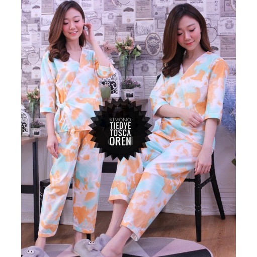KIMONO PIYAMA TIE DYE CELANA PANJANG DAILY SET / PIYAMA SET ORANGE BAJU TIDUR WANITA REMAJA DEWASA