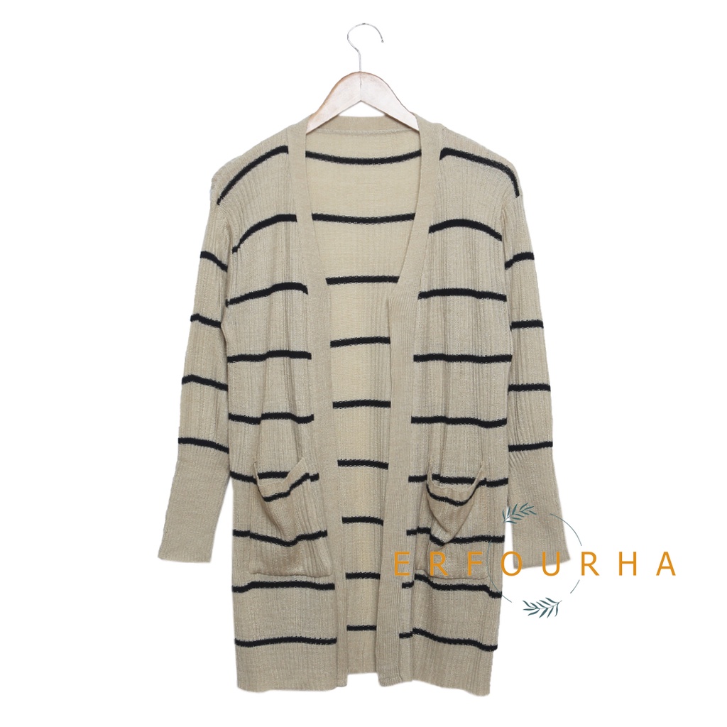 Long Cardigan Saku | Kardigan Cardi Panjang FRETTY rajut panjang saku | fashion wanita | Kardigan Panjang Salur