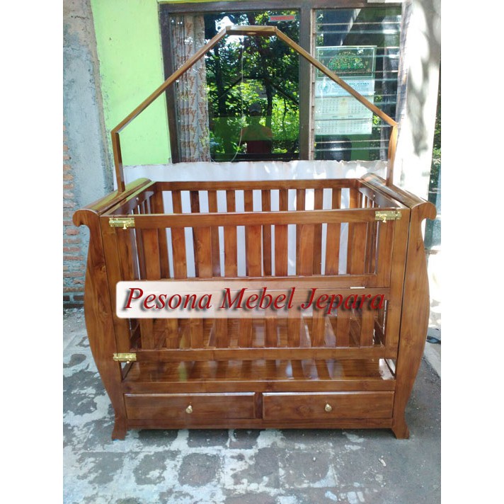 Ranjang atau Dipan atau Box Bayi Ayun Laci 2 Kayu Jati