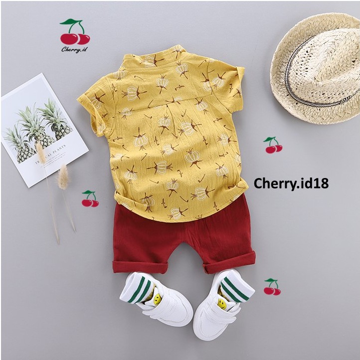 Cherry COD Setelan Kemeja Anak Laki-Laki Import / Baju Anak Laki Laki  - Motif Bunga Putih KB05