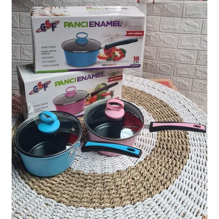 PANCI SUSU ENAMEL WARNA GSF 4118 panci tutup kaca panci gagang panci mie enamel panci serbaguna gsf