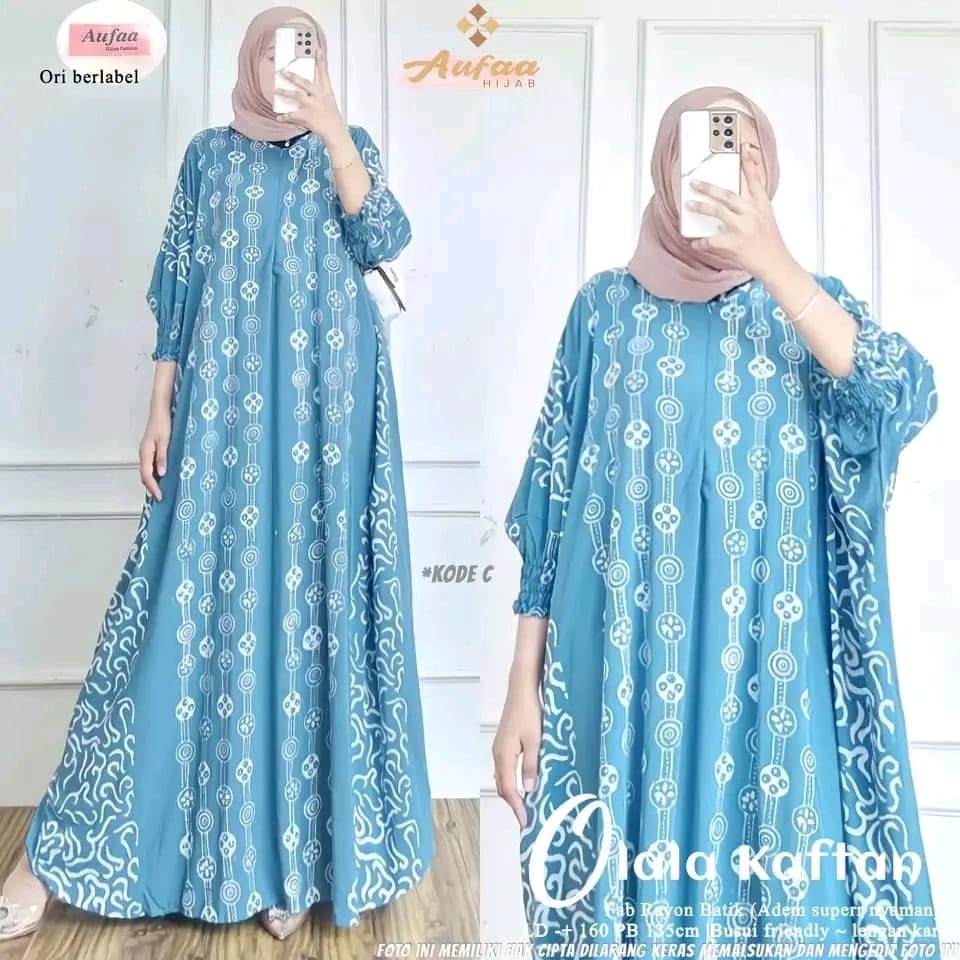 Olala Kaftan Wanita Jumbo XXXXL Motif Batik Cap Encim / Green Pine Kaftan Soft Color Sage Series Busui Lengan 7/8 Cotton Rayon