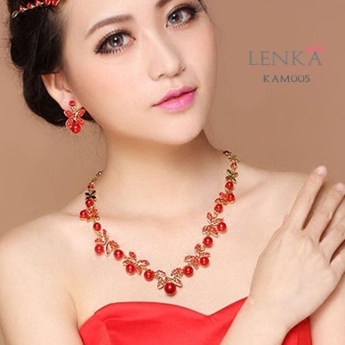 [PRODUK TERLARIS] KALUNG ANTING MUTIARA MERAH AKSESORIS PESTA WEDDING WANITA KAM005