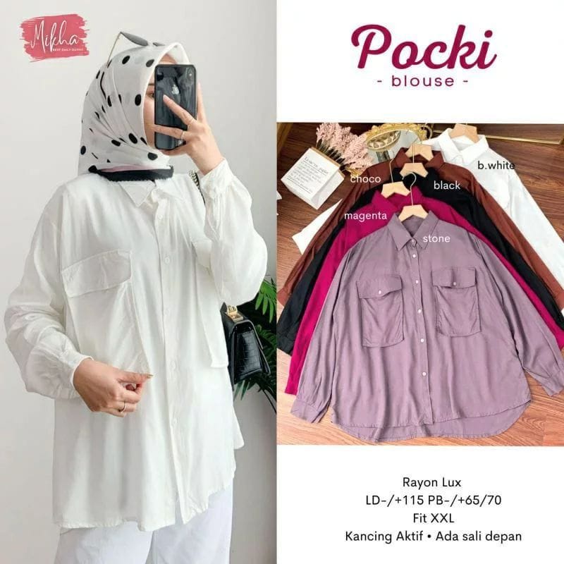 Pocki Blouse Matt Katun Rayon Atasan Wanita Terbaru Kemeja Wanita Jumbo Baju Lengan Panjang Wanita