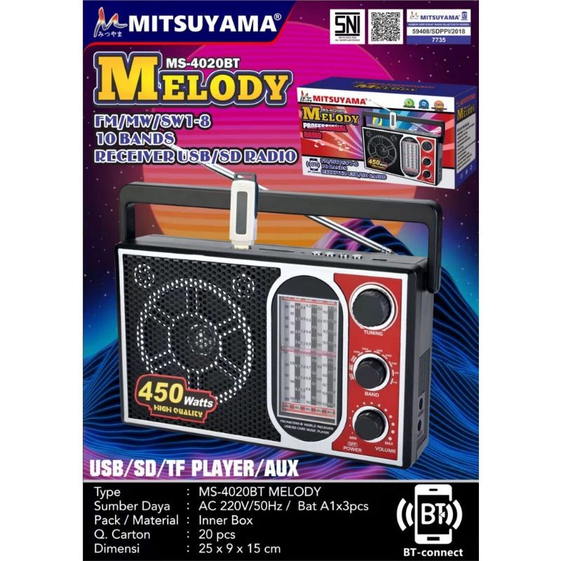 COD RADIO SPEAKER BLUETOOTH 10 BAND FM-MW-SW1-8 MITSUYAMA MS 4020 MELODY / RADIO 10 BAND MITSUYAMA MS-4020BT MELODY FM/MW/SW1-8 10BANDS RECEIVER USB/TF PLAYER/AUX