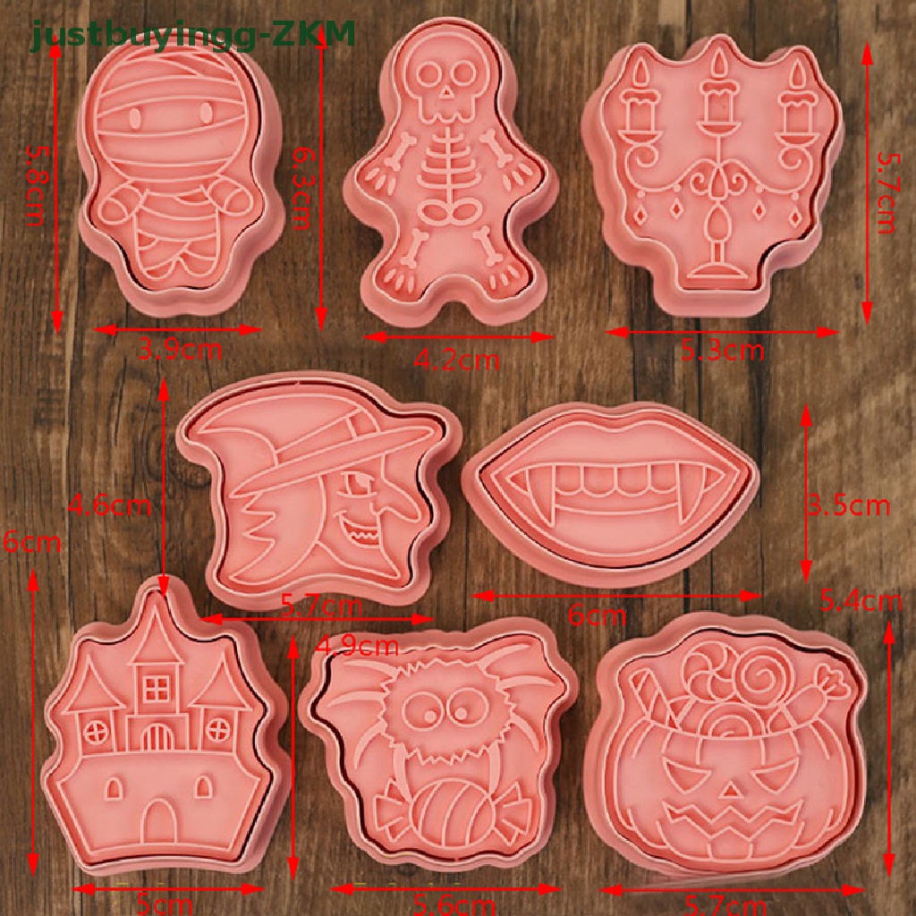 8pcs Cetakan Pemotong Biskuit Cookies Bentuk Kartun Labu Hantu Halloween Bahan Plastik Model Tekan