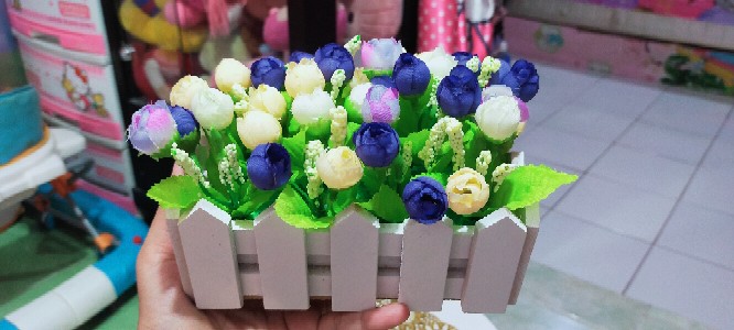 Vas Pagar Kayu Dan Bunga Mawar Lotus Artificial Shabby  Home Decoration