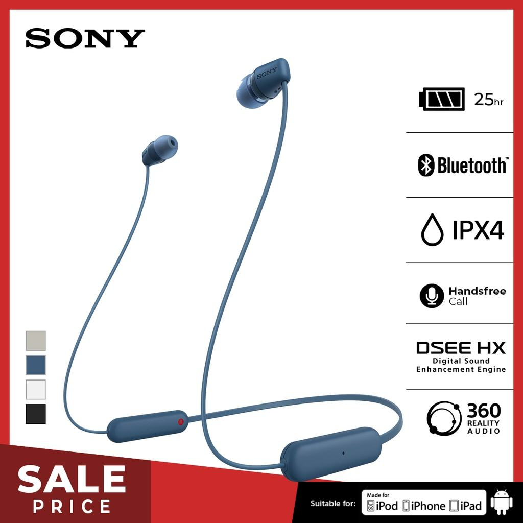 SONY WI-C100 In Ear Wireless Bluetooth Headset With Microphone For Android &amp; IOS - Blue [Battery Up to 25h] Earphone Headphone Handsfree