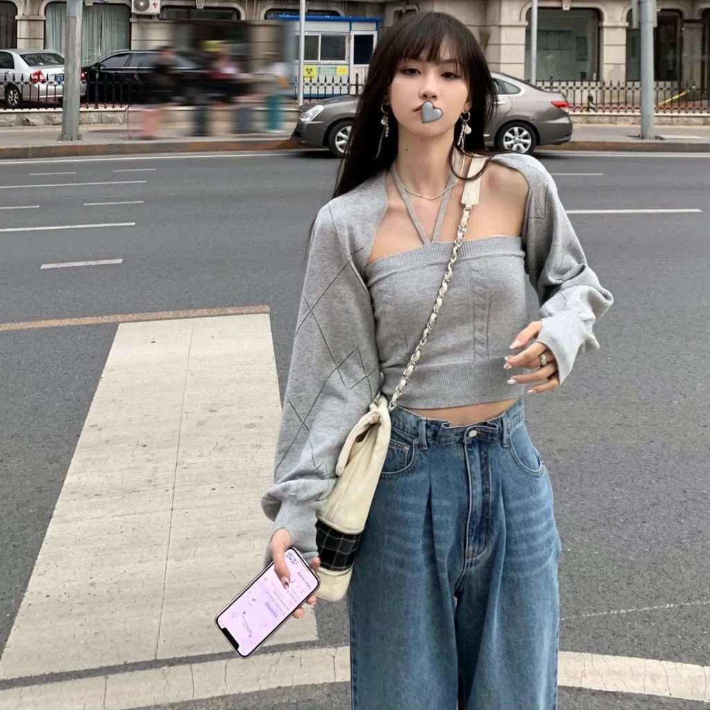 Blus Amerika, lupakan semuanya, dewi, awal musim gugur Lingge halterneck rajutan rompi + suspender s