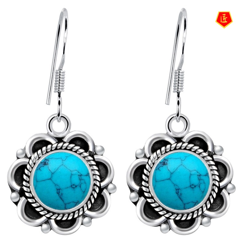 [Ready Stock]Creative Flower Inlaid Turquoise Earrings Retro S925 Silver