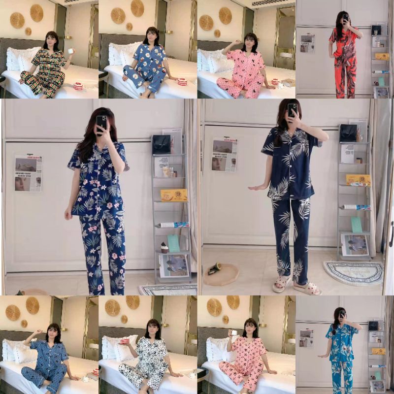 Baju tidur wanita / Piyama cp krah wanita import baju tidur lengan pendek onesize