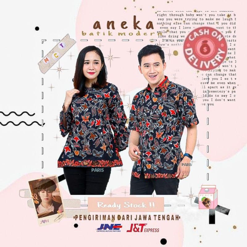 BATIK COUPLE MOTIF BUNGA HITAM ORANGE KEMEJA HEM PRIA LENGAN PENDEK BLOUSE CEWEK PANJANG SARIMBIT
