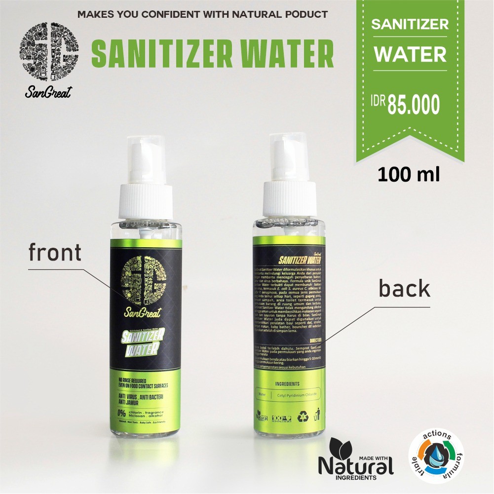 Sanitizer Water Antiseptic Water Non Alkohol dari SanGreat untuk semua jenis permukaan 100 ml