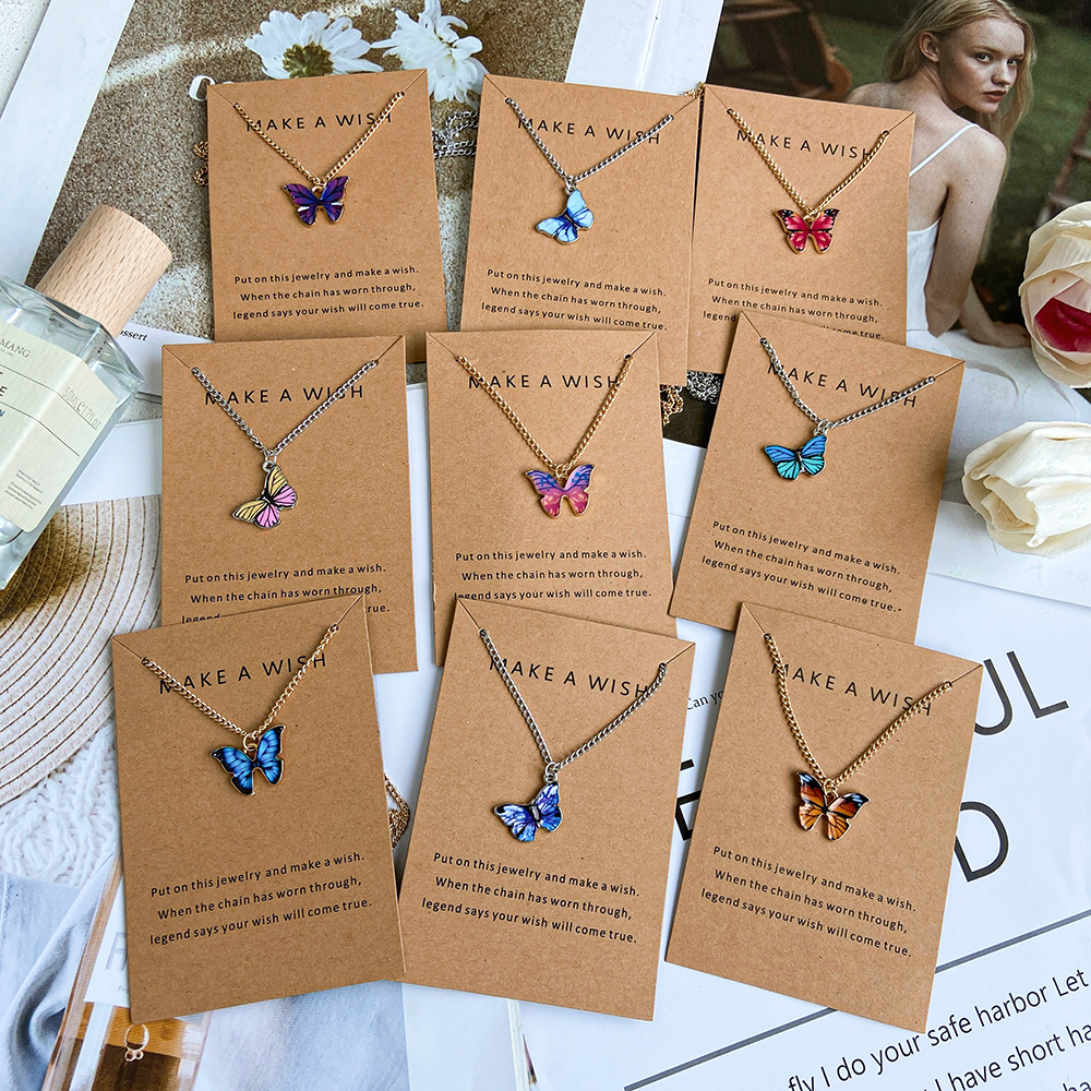 Colorful Butterfly Necklace Simple Chain Card Gift Women Jewelry Fashion Accessories