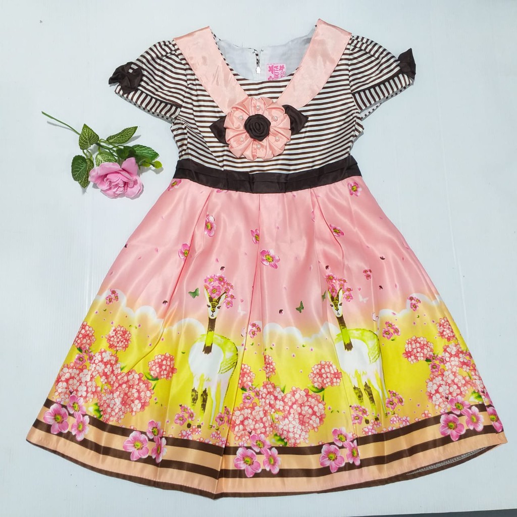 gos DRESS SATEN NIKITA GARIS BUNGA 3922 Dress pakaian anak perempuan