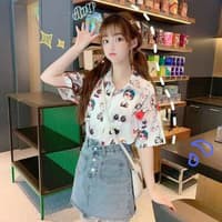 TBI Atasan Model Korea Kem Retro Kemeja Harajuku Wanita Wolfis Spring Top