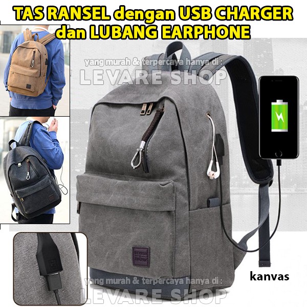  Tas  Ransel  Backpack USB Charger Lubang Earphone Kanvas  