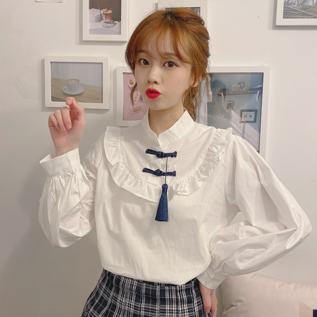 Kemeja Putih Lengan Panjang Wanita Desain China Terbaru 2021, Atasan Baju Wanita