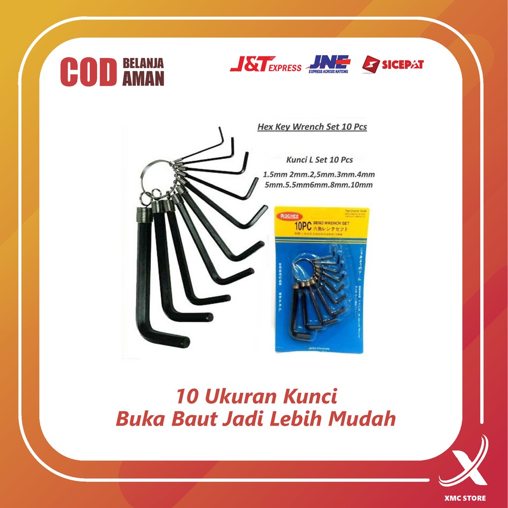 Set Kunci L Hex Key 10 Ukuran / Alat Pembuka Baut Untuk Servis Kendaraan dan Alat elektronik