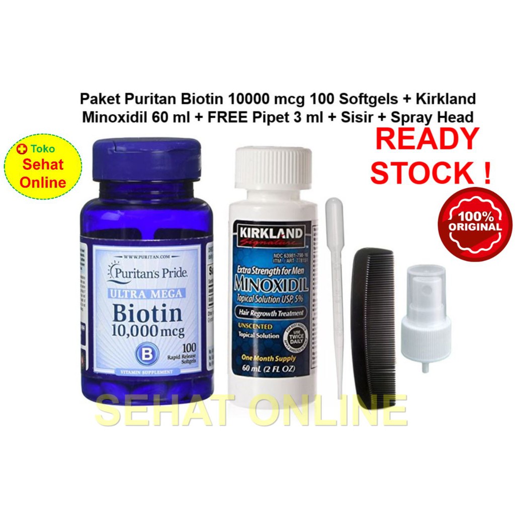 Paket Kirkland Minoxidil 60 ml + Puritan Biotin 10000 mcg 100 Softgels