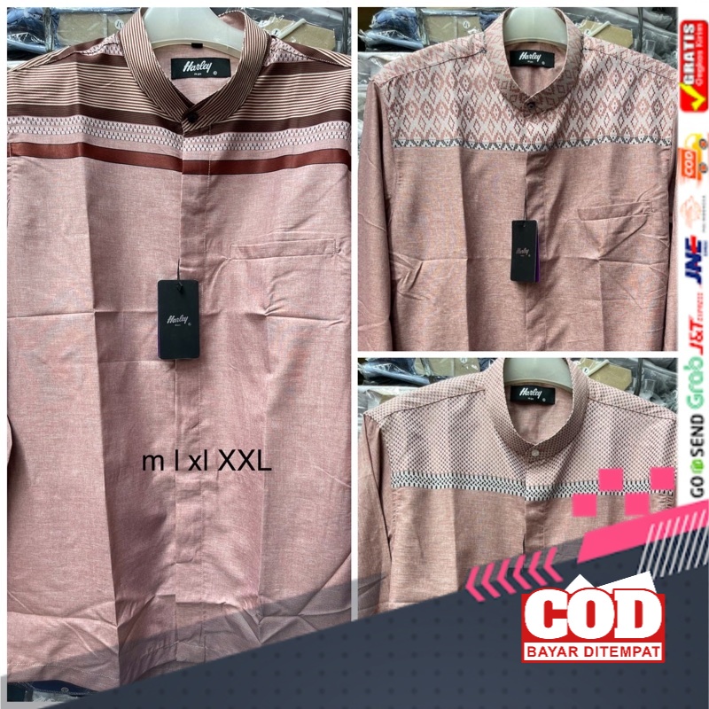 Kemko Harley warna pink salmon / 3 motif Kemeja Koko pria lengan panjang KEMKO HARLEY baju koko kemk