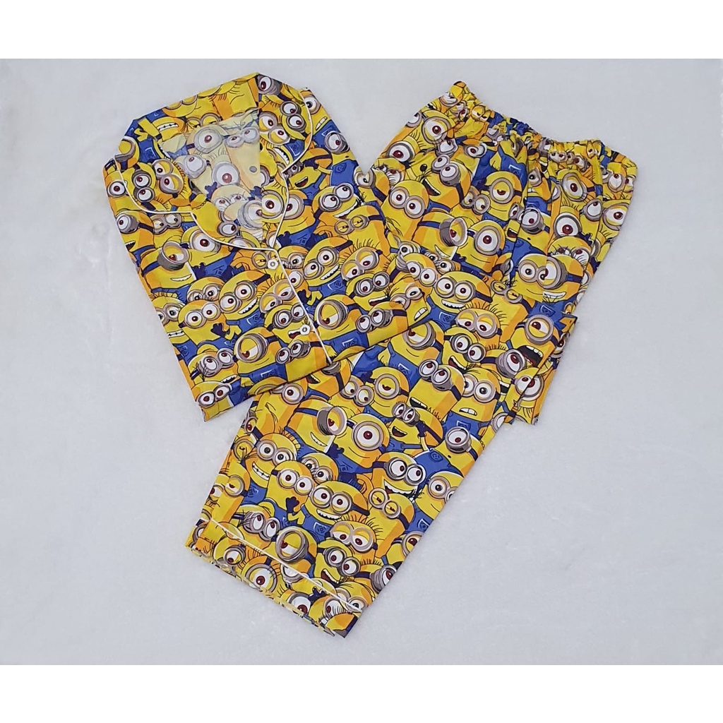 Baju Tidur Dewasa Gambar Lucu LD 104cm / Piyama Katun Lengan Pendek Celana Panjang CP-MINION CP