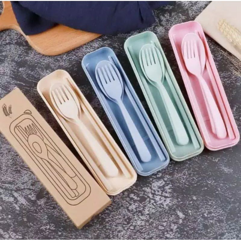 TAKASHI Sendok Jerami Gandum Cutlery Set Alat Makan Sendok Plastik Set Garpu Portable