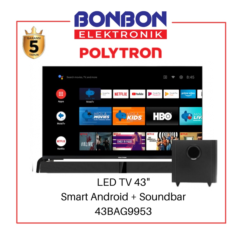 Polytron LED Smart Android TV PLD 43BAG9953 / 43BAG5959 Soundbar