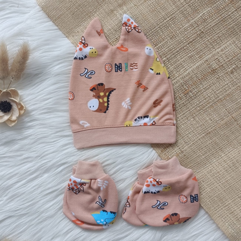 Set topi sarung tangan kaki bayi printing premium