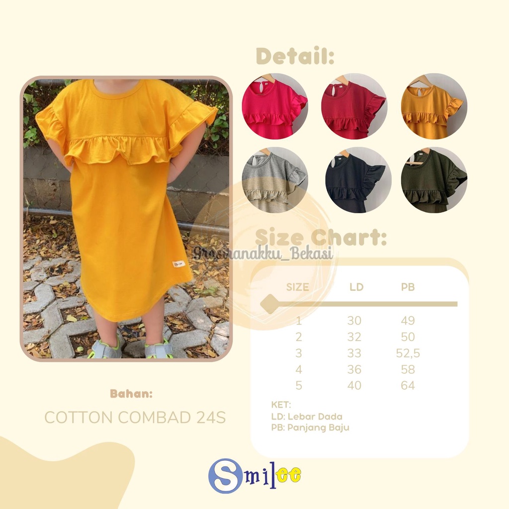 Daster Anak Rufel Polos Smilee Mixx warna size 1-5T