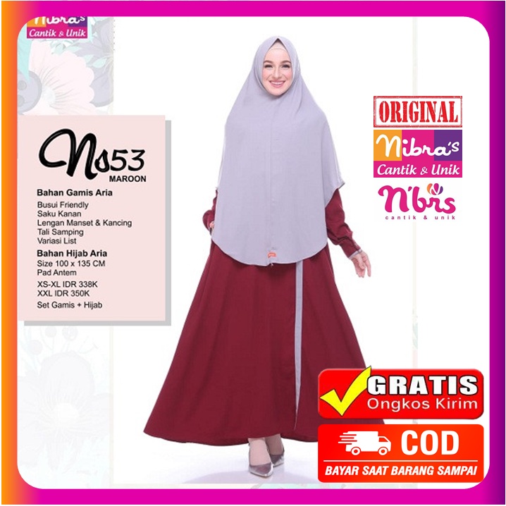 Gamis Nibras Promo Set Hijab Jilbab Gamis Nibras Terbaru 2022 NS 53 Maroon Pakaian Baju Dress Dres W