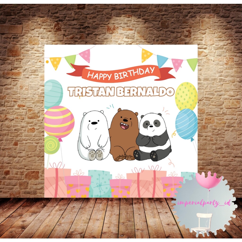 Custom Backdrop Banner Spanduk Happy Birthday We Bare Bears White