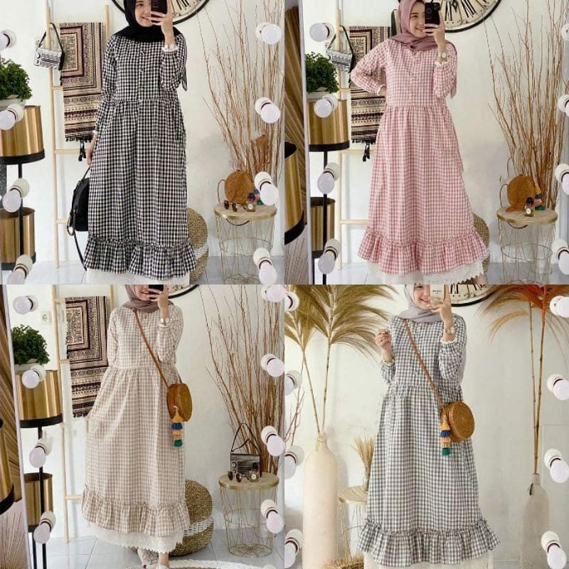 DRESS ZELINE MAXI KOTAK BAHAN KATUN GAMIS MURAH TERBARU PREMIUM