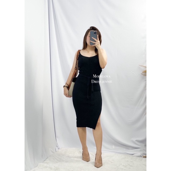 MDLV ~ DRESS JENNIE RAJUT DRESS BODYCON SLIDE SAMPING DRESS KOREA STYLE DRESS MIDI FASHION WANITA