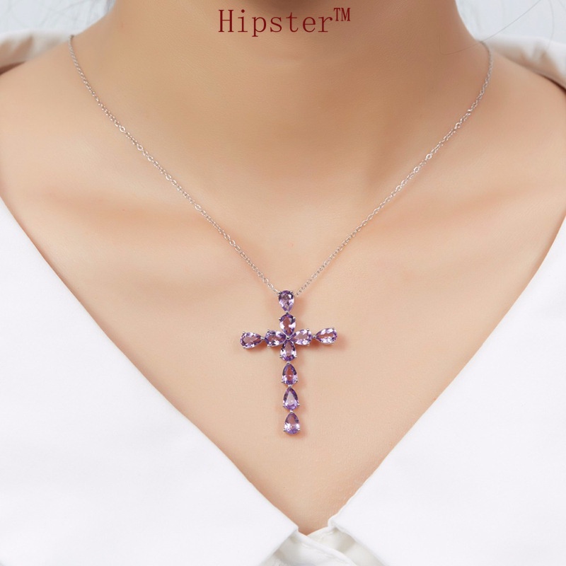 Silver Amethyst Diamond Creative Cross Color Gem Pendant Necklace