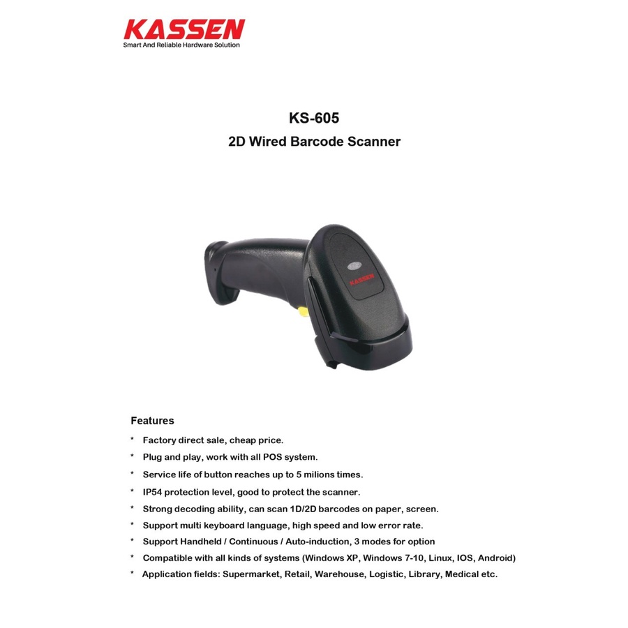 SCANNER BARCODE 1D&amp;2D AUTO SCAN&amp;SENSE KASSEN KS-605 2D KABEL USB+STAND