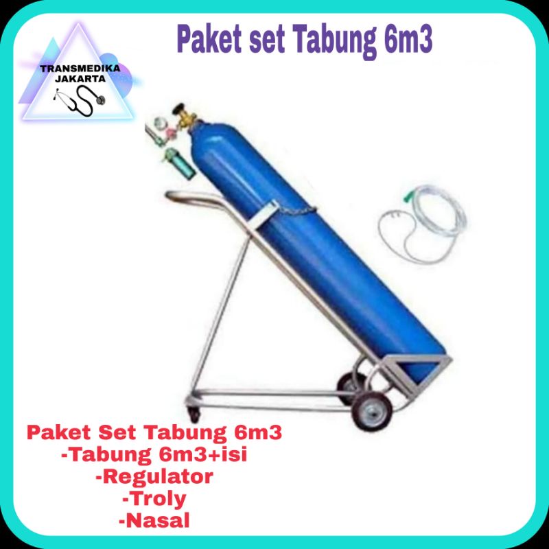 Tabung oksigen 6m3+isi+Regulator+Troly (paket set tabung 6m3)