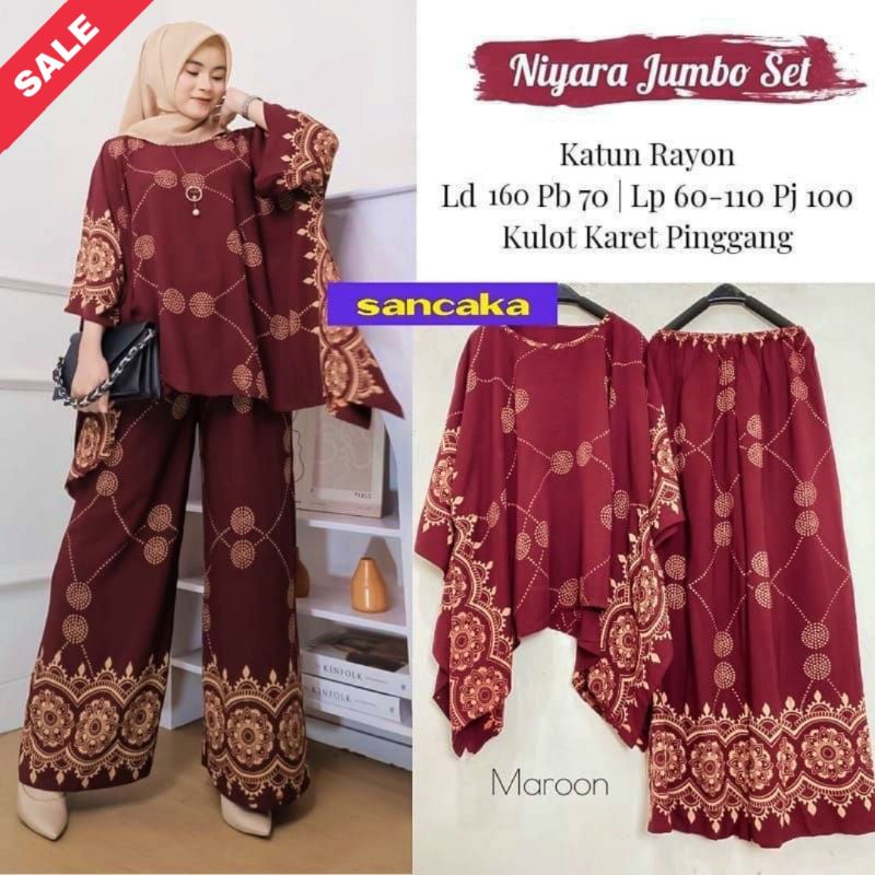 Niyara Jumbo Set - One Set Jumbo Katun Rayon Tidie Premium Busui Setelan Wanita Waka Waka Set Celana Panjang Bigsize LD 160 cm