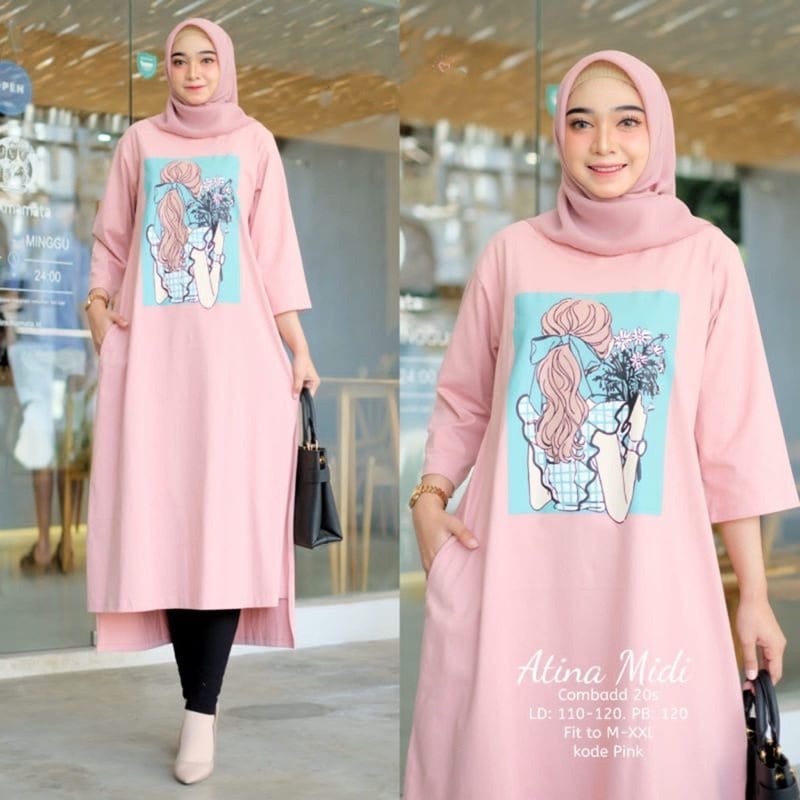 MIDI DRESS ATINA BAHAN KAOS KATUN COMBED 24S APLIKASI SABLON UKURAN M , L , XL , XXL MIDI DRESS MUSLIM / MIDI DRESS WANITA JUMBO / KAOS KATUN COMBED LENGAN PANJANG WARNA BLACK , PINK , BLUE , LIME , LILAC , BATA