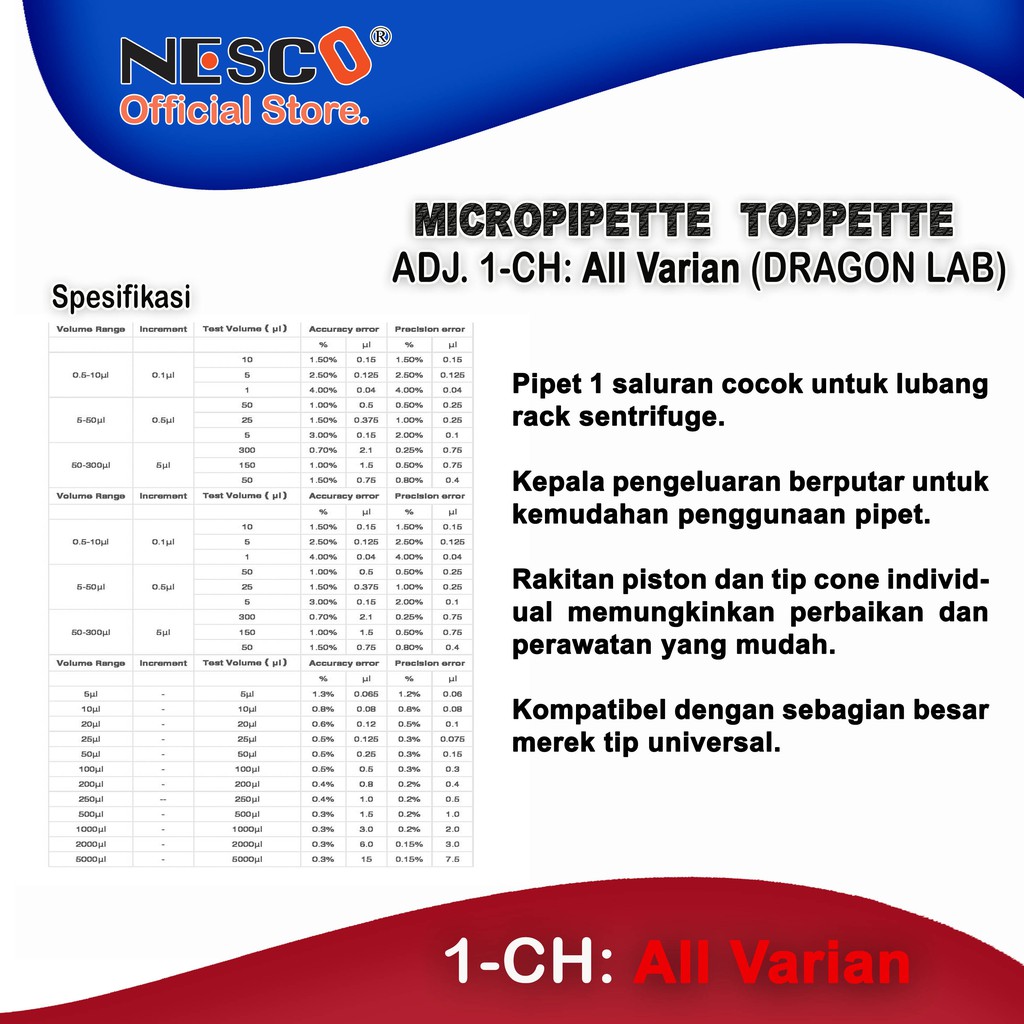 Micropipette Toppette, Adjustable All Varian (DRAGON LAB)