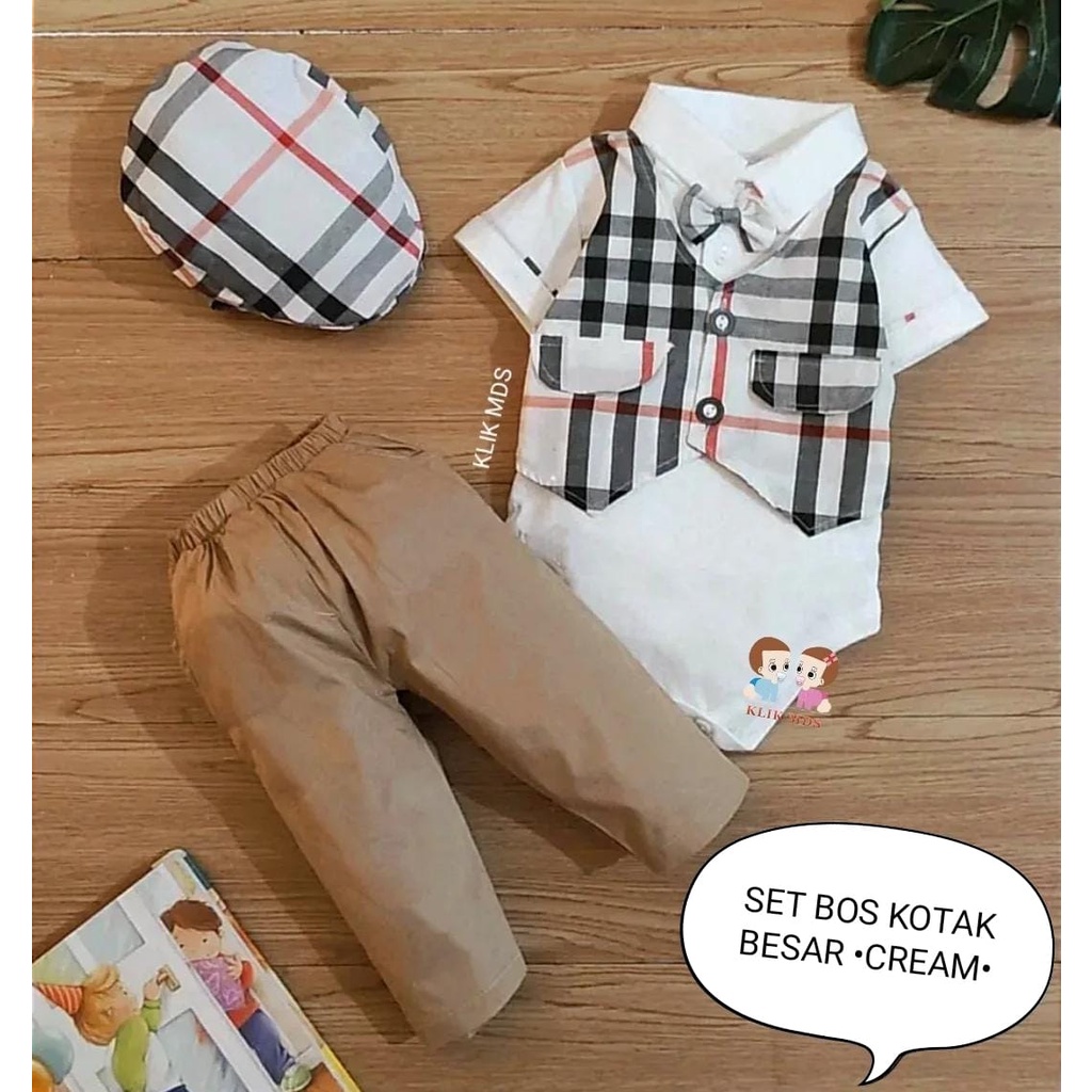 Jumper Bayi Laki-Laki / Setelan Anak Cowok Dengan Model Rompi Dan Celana Katun Usia 0-9 Bulan Motif Set Bos Kotak