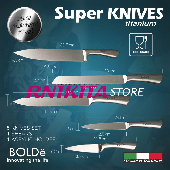 BOLDe TITANIUM SET - Super Knives 5 Pisau Dapur 1 Acrylic Holder 1 Gunting Dapur