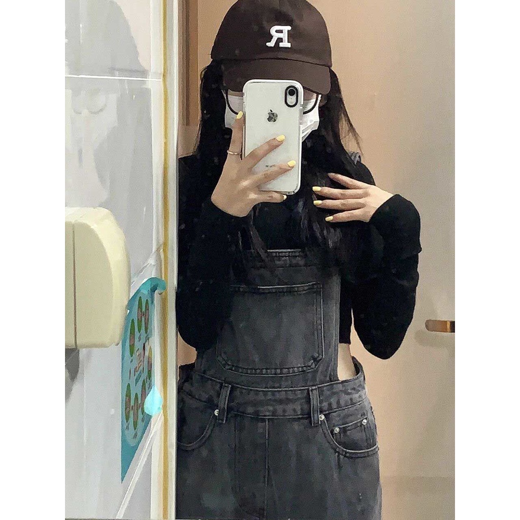 Overall denim hitam abu-abu wanita 2022 musim panas baru retro Hong Kong rasa celana longgar pinggan