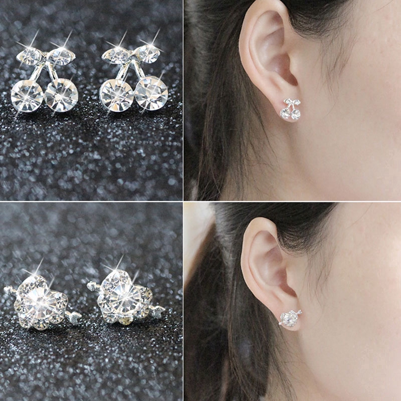 Anting Tusuk Desain Hati Kristal + Pita Warna Silver Gaya Korea untuk Wanita